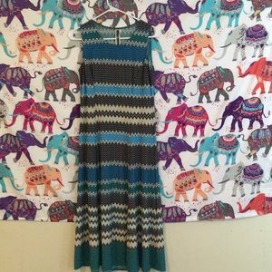 Black white blue and green striped dress